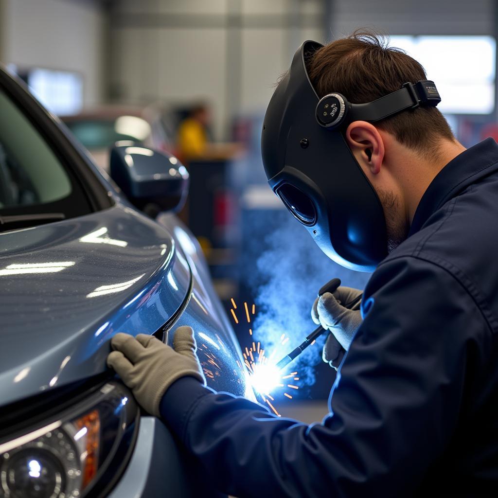 A specialist performing car body welding repair in Banbury.