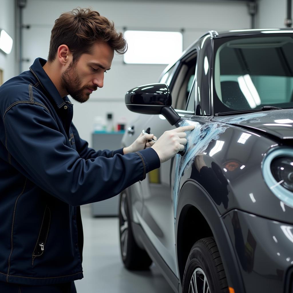 Precise paint matching process during car body work repairs in Urmston.