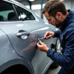 Car bodywork repair Glasgow: Dent removal process on a silver car