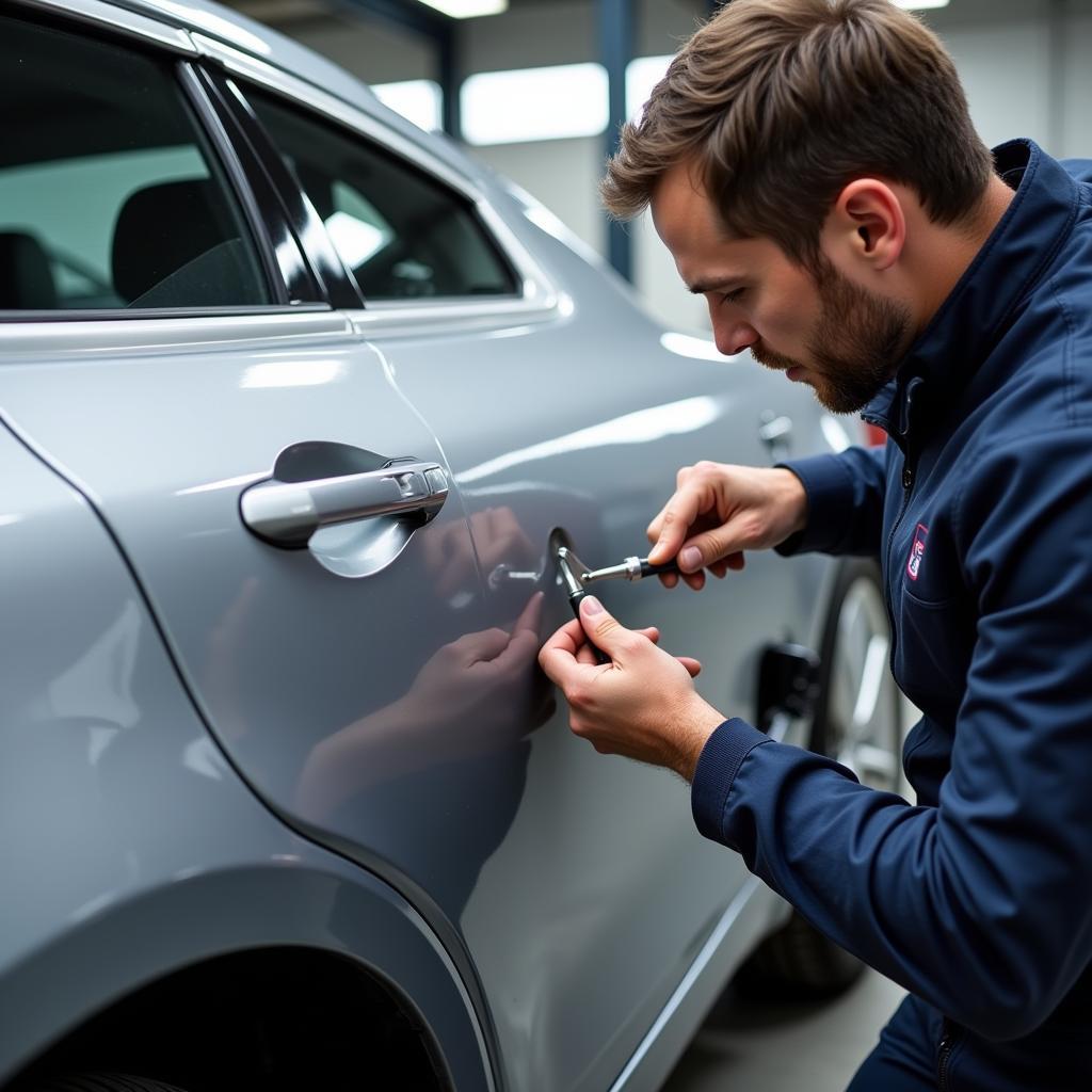 Car bodywork repair Glasgow: Dent removal process on a silver car