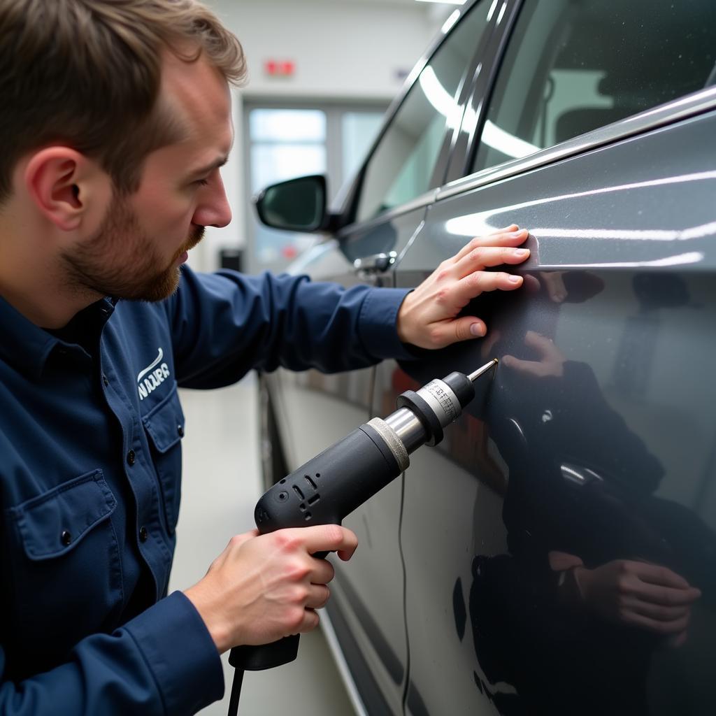 Car bodywork repair in Luton showing dent removal process