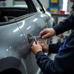 Car bodywork repair in Nottingham, showing a technician performing dent removal on a damaged car door.