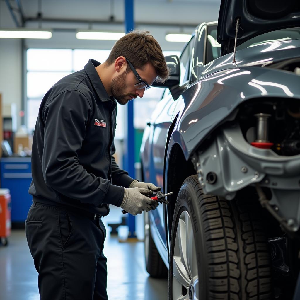 Choosing the Right Car Bodywork Repair Shop in Newquay: A technician working on a damaged car panel in a professional repair shop.