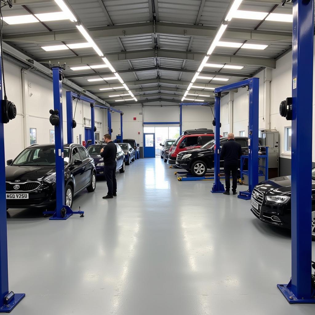 Interior of a professional car bodywork repair shop in Swindon, showing modern equipment and a clean, organized workspace.