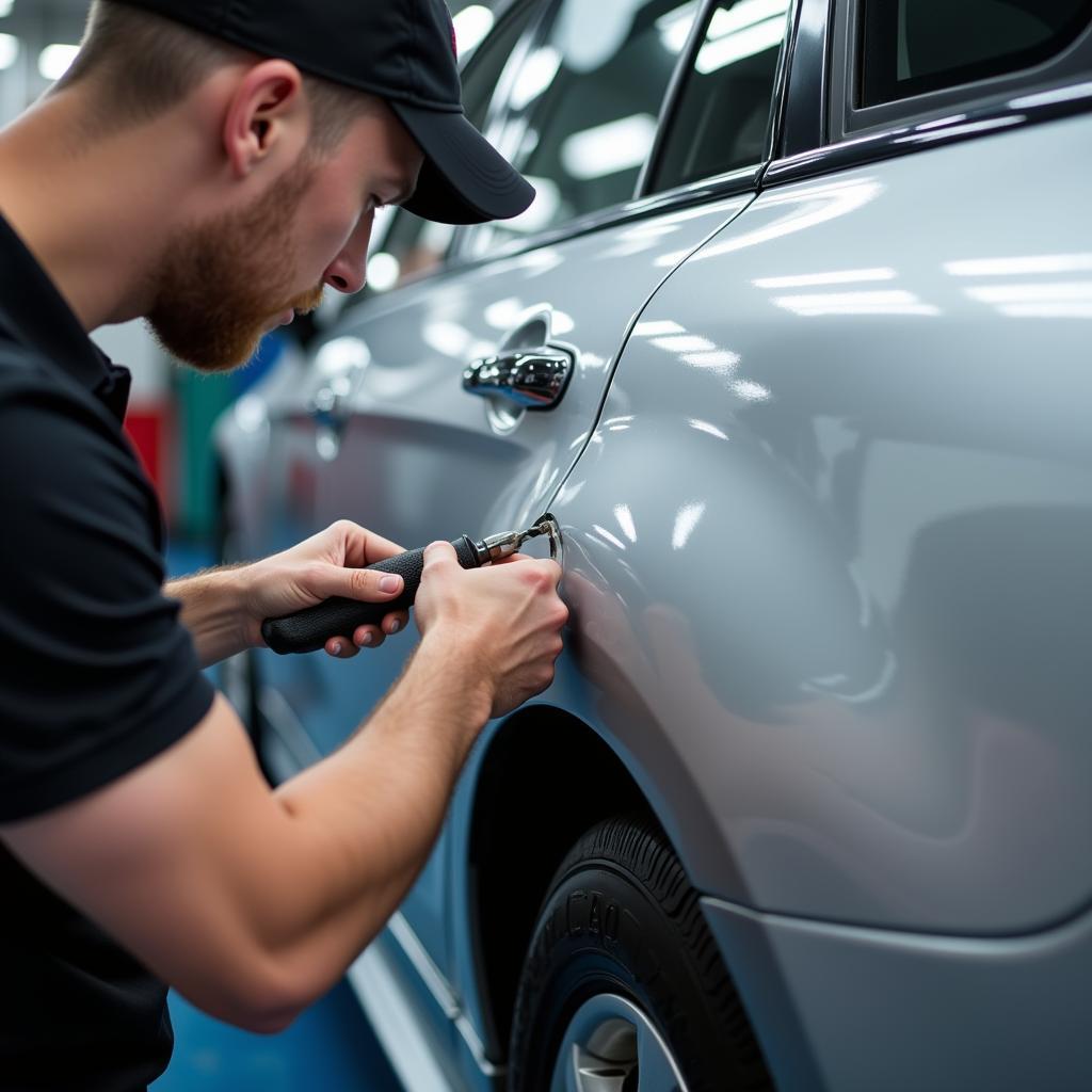 Car bodywork repair in Watford: Dent removal process on a silver sedan.