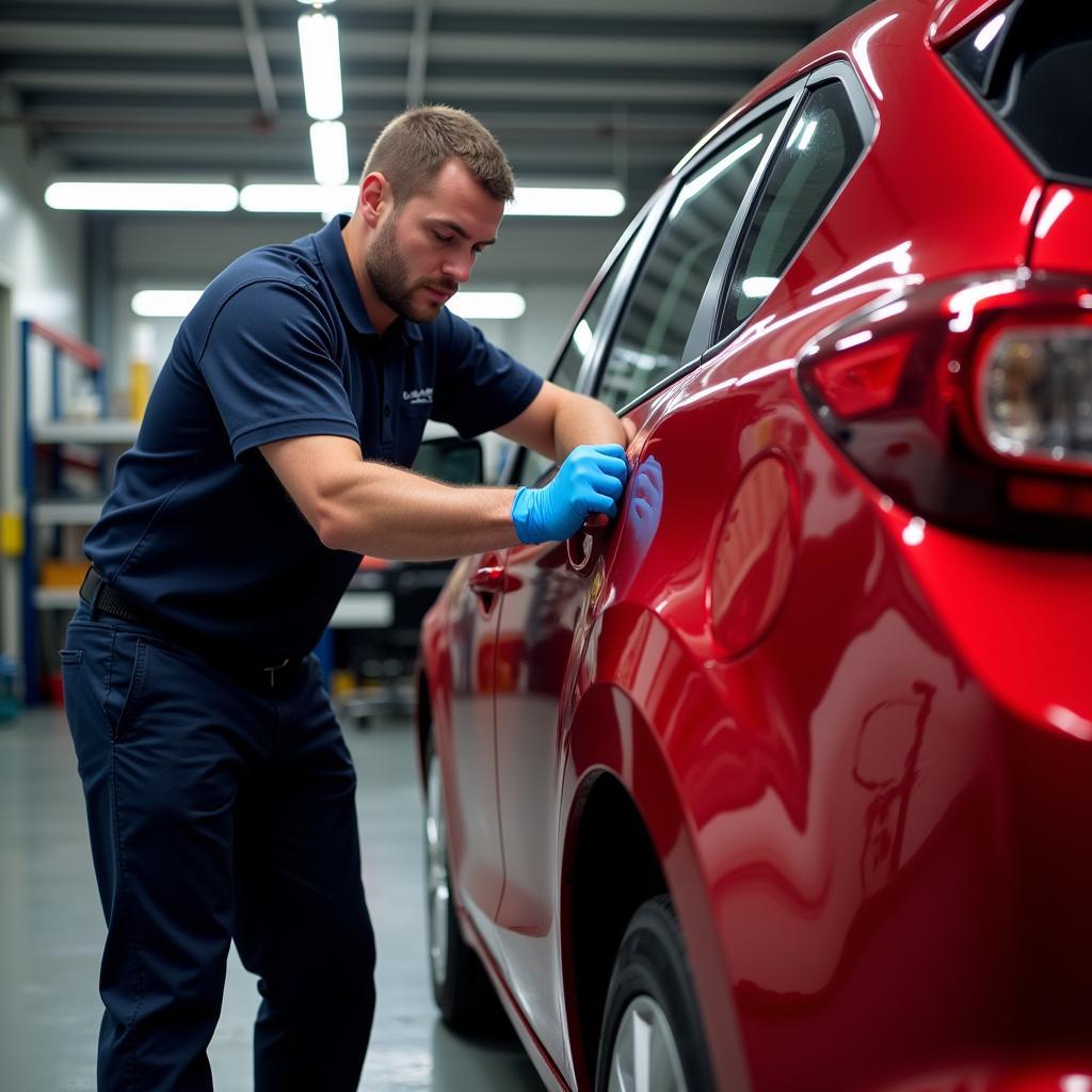 Final inspection after car bodywork repair in Watford.