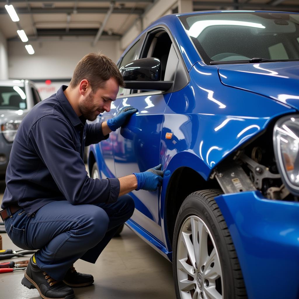 Panel replacement during car bodywork repair in Watford.