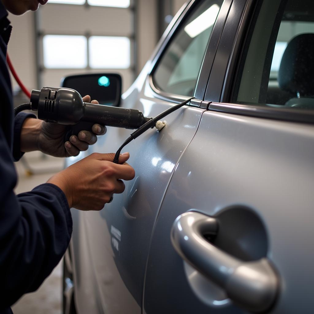 Dent removal on a car door in Reading