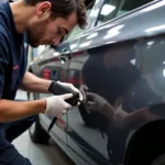 Dent removal process on a car in a Wokingham body shop