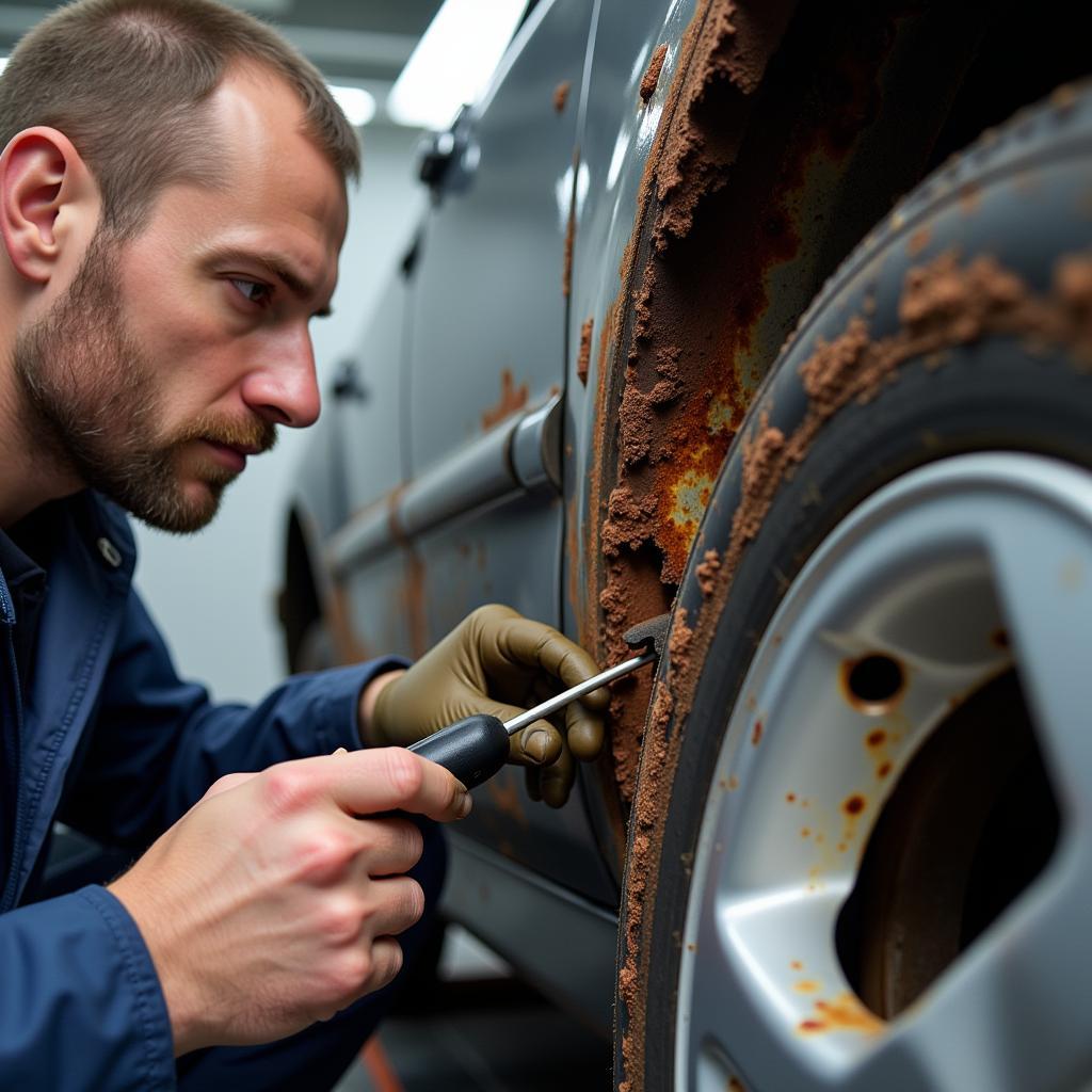 Mechanic assessing rust damage on a car