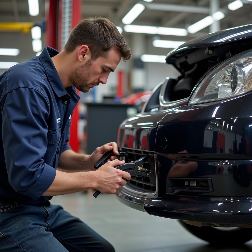 Repairing a bent car bumper in a workshop