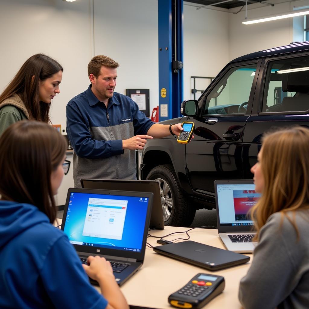 Students in a car computer diagnostic course classroom learning about diagnostic tools