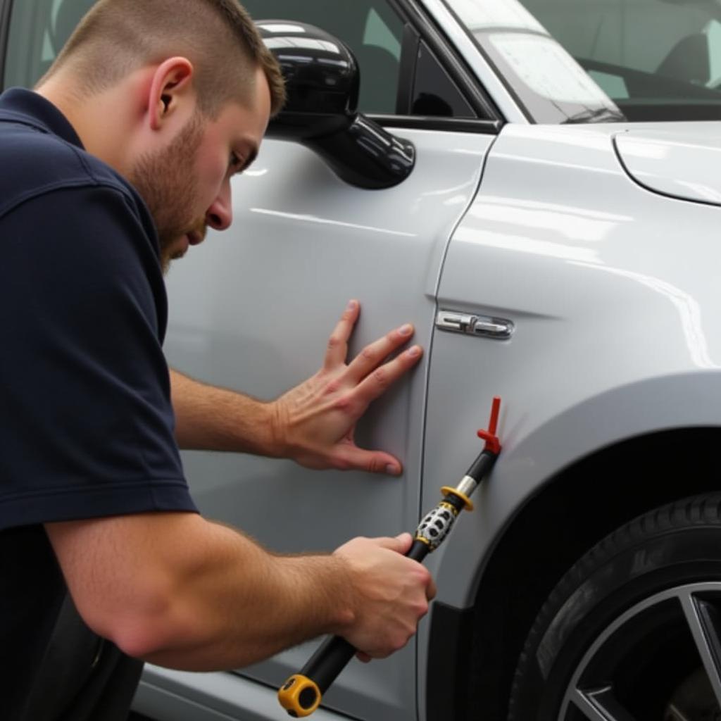 Close-up of a car dent being repaired using PDR techniques in Bury Lancashire.