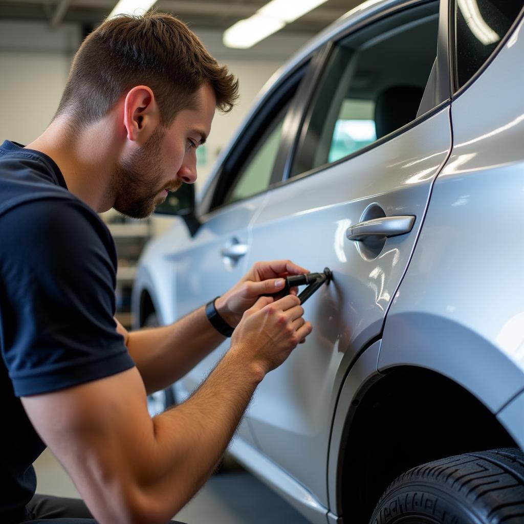 Car Dent Repair Perthshire: A skilled technician expertly repairing a dent on a car door using specialized tools in a Perthshire body shop.