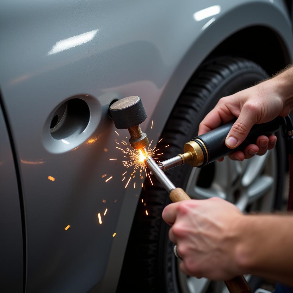 Car Dent Repair Process: A technician uses specialized tools to reshape a dented car panel. The image shows the tools and the dent being worked on.