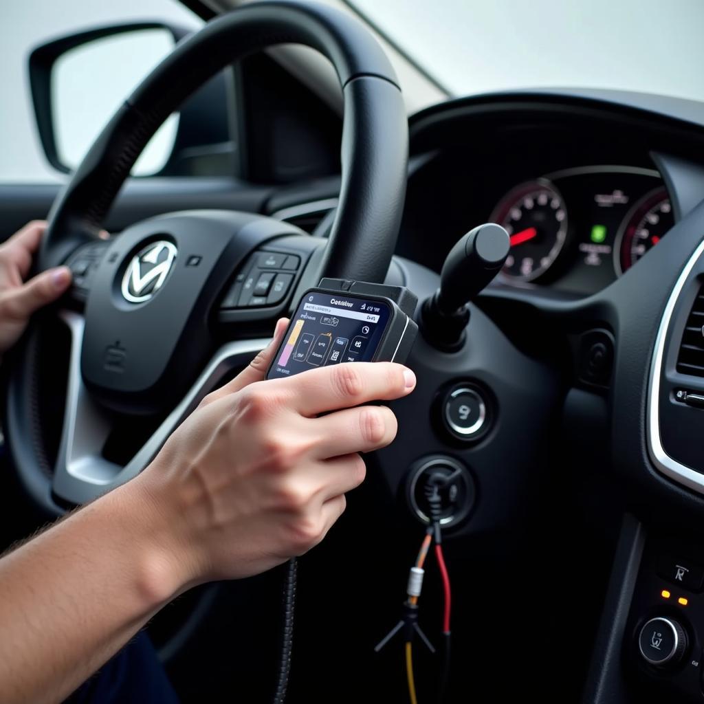 Technician Connecting a Car Diagnostic Machine