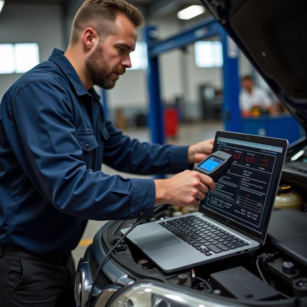 Car Diagnostic Mechanic using OBD2 scanner on a modern vehicle