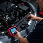 Mechanic using a car diagnostic scan tool to identify car problems