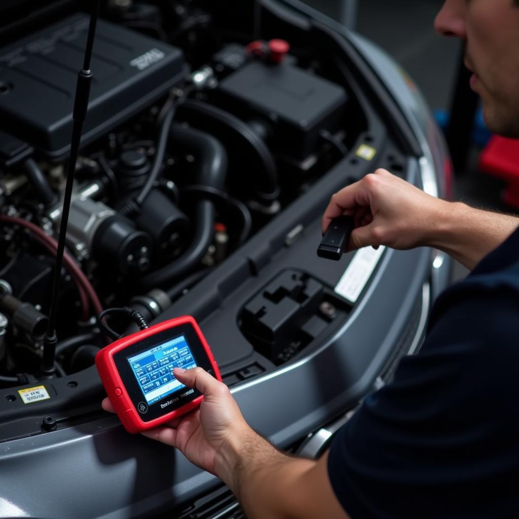 Mechanic using a car diagnostic scan tool to identify car problems