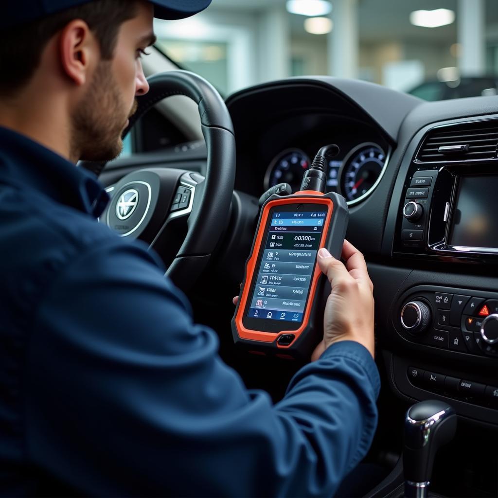 Technician using diagnostic tools in a car repair shop in South Africa