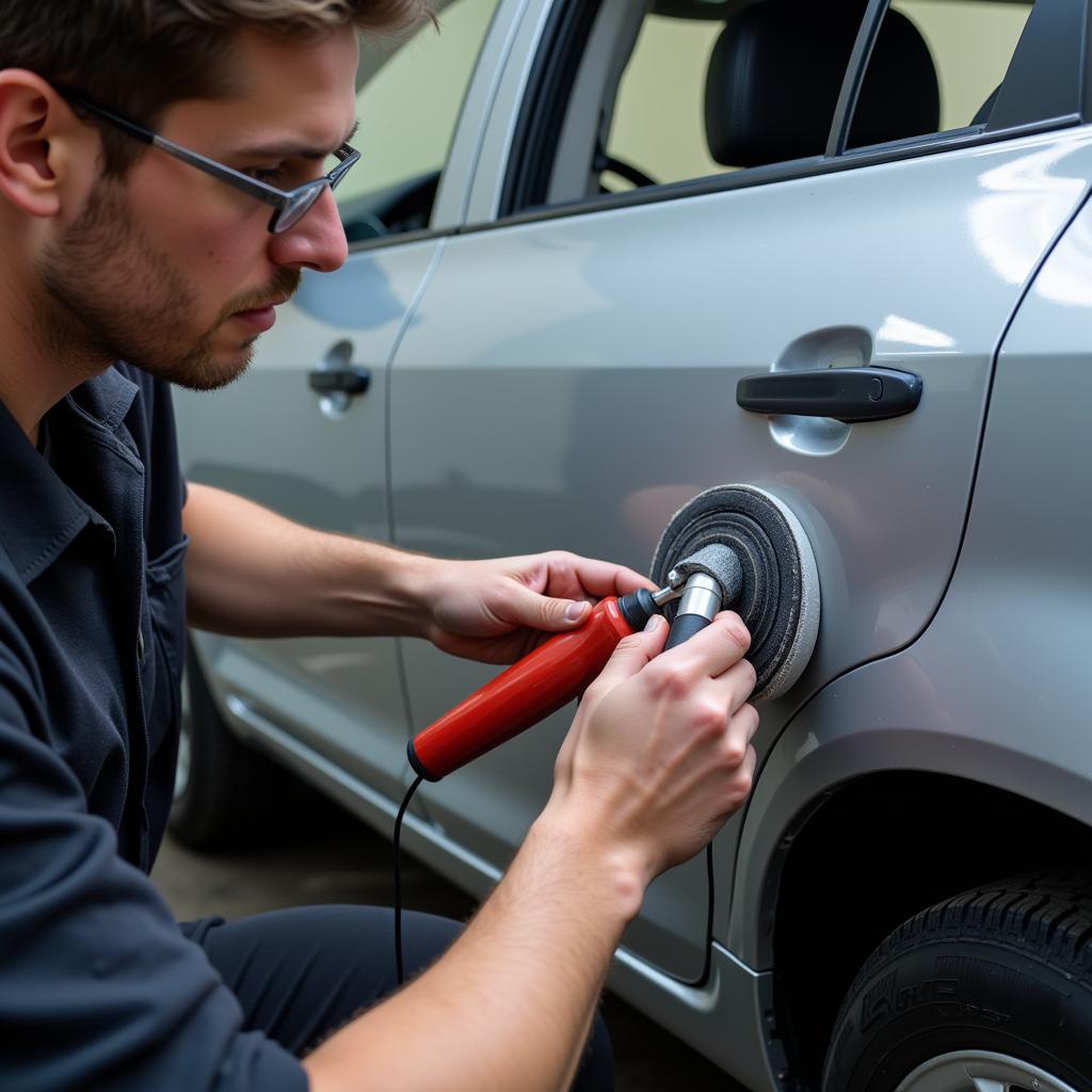 Repairing and painting a dent on a car door