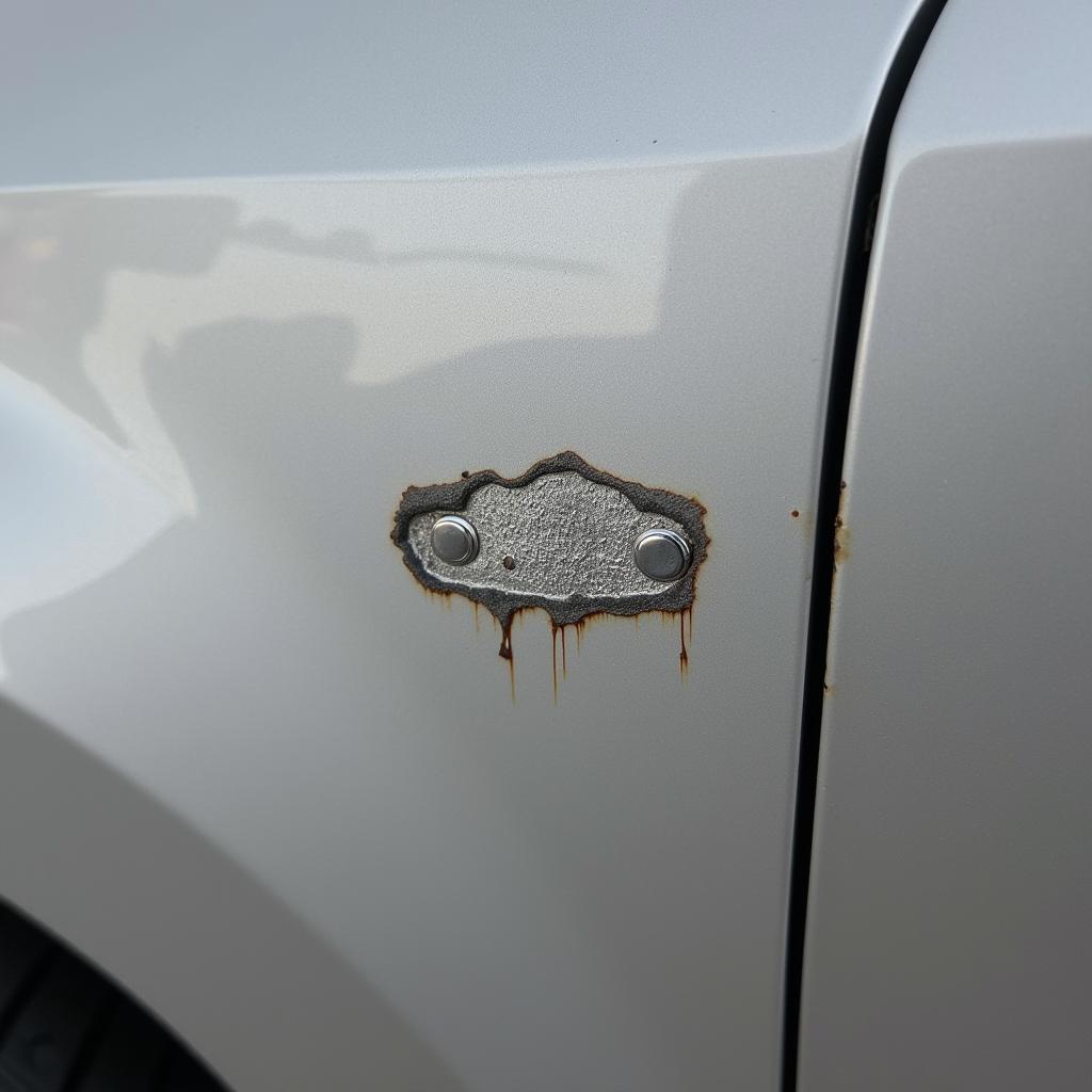 Close-up of a paint chip on a car door