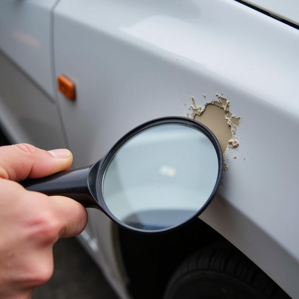 Assessing the damage of a paint scrape on a car fender