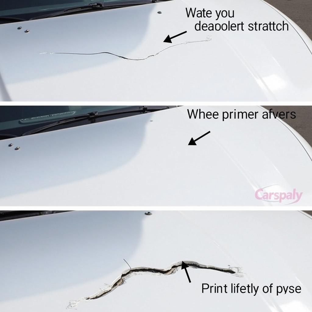 Different types of paint damage on a car hood: scratch, chip to primer, and exposed metal