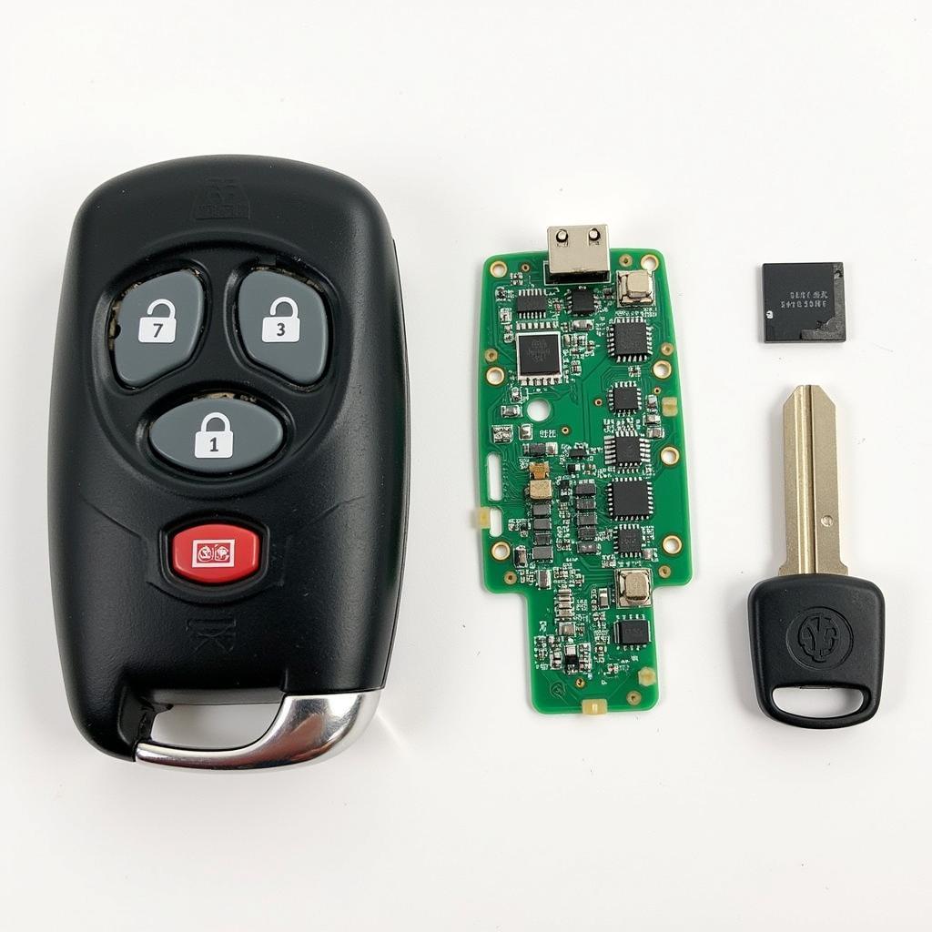 Car Key Fob Circuit Board: Detailed view of the internal components of a car key fob, showcasing the circuit board, battery, and transponder chip.