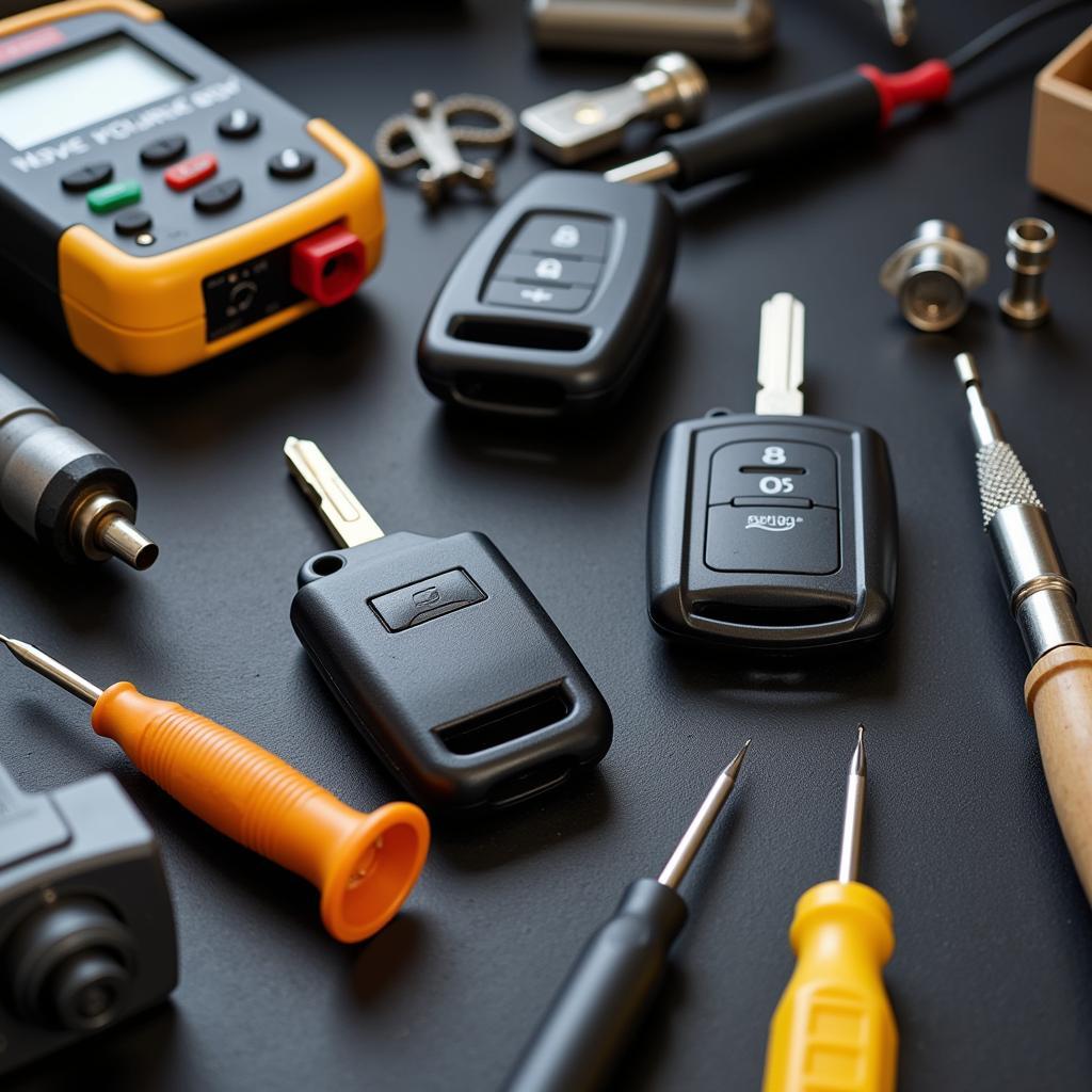 An array of specialized tools and equipment used for car key fob repair and programming.