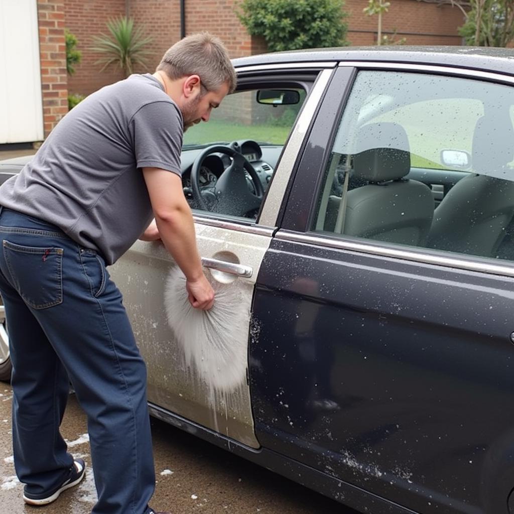 Car owner washing their car after body repairs in Wickhamford