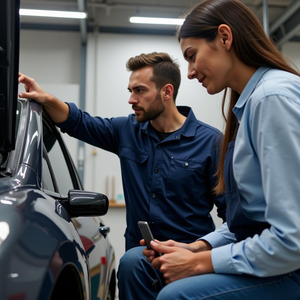 Car mechanic explaining vehicle damage to a customer