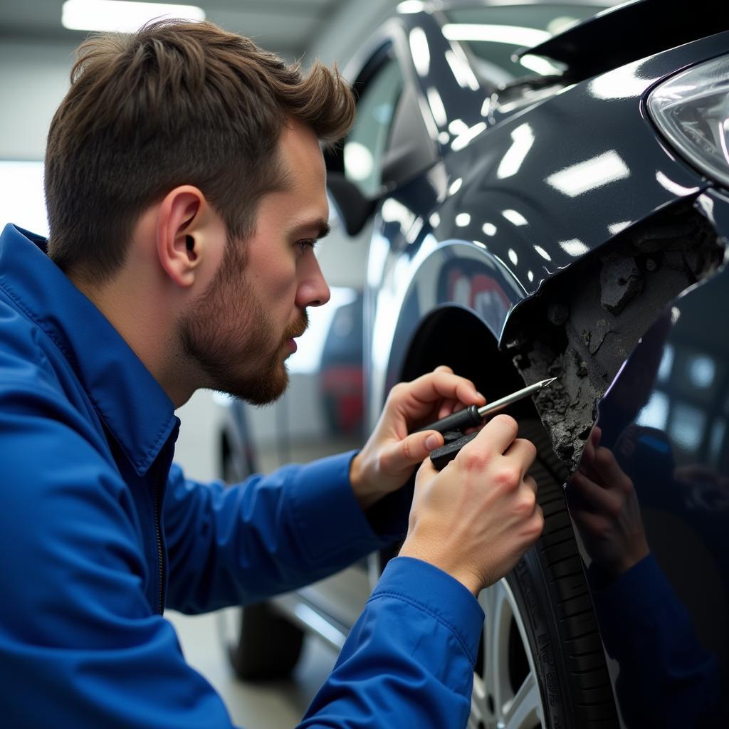 Mechanic Inspecting Car Damage