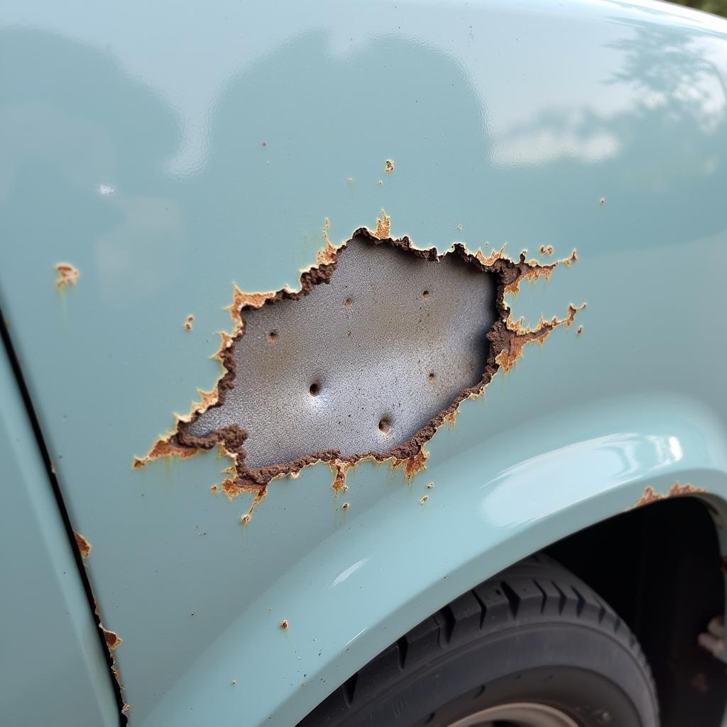 Close-up of a chipped car paint