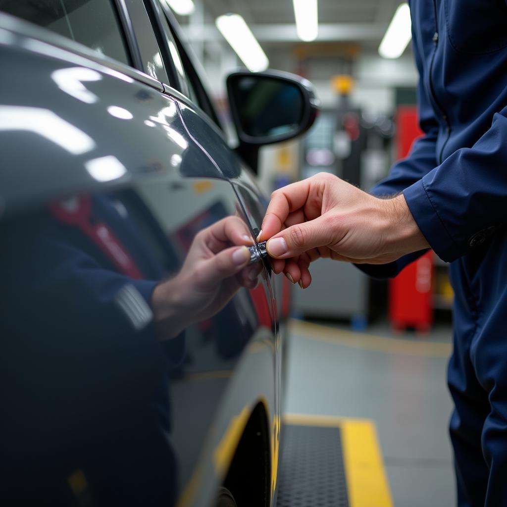 Close-up view of a car paint chip being repaired in Edinburgh