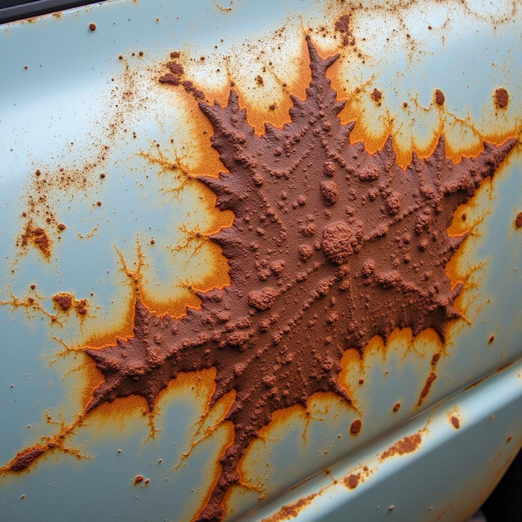 Close-up view of car paint corrosion