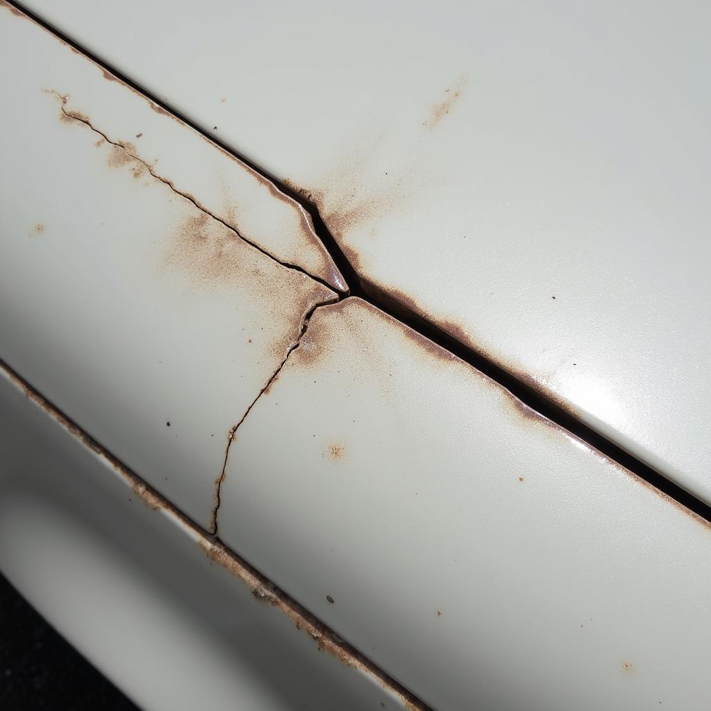 Close-up view of a paint crack on a car