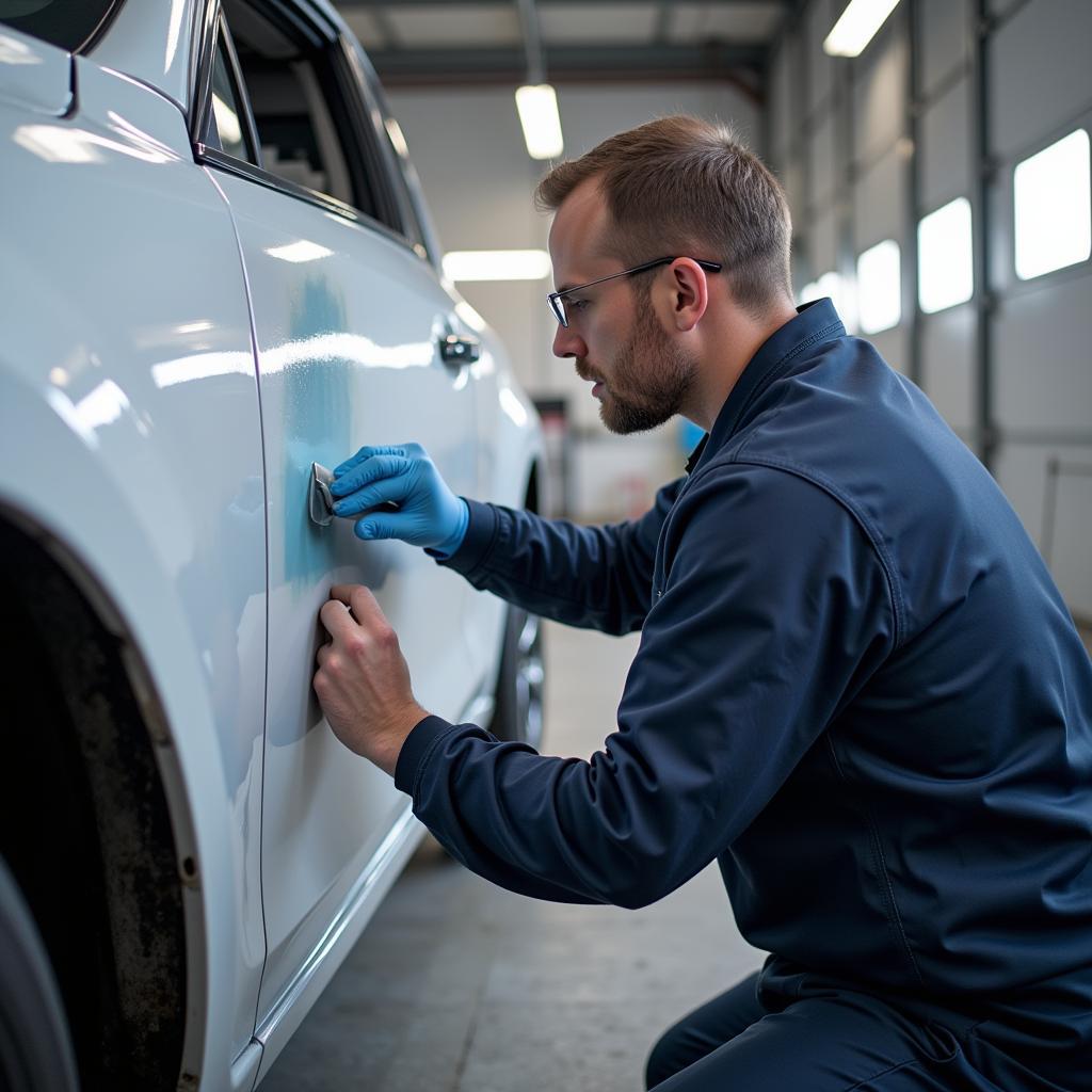 Car paint matching process in a Bedford body shop.