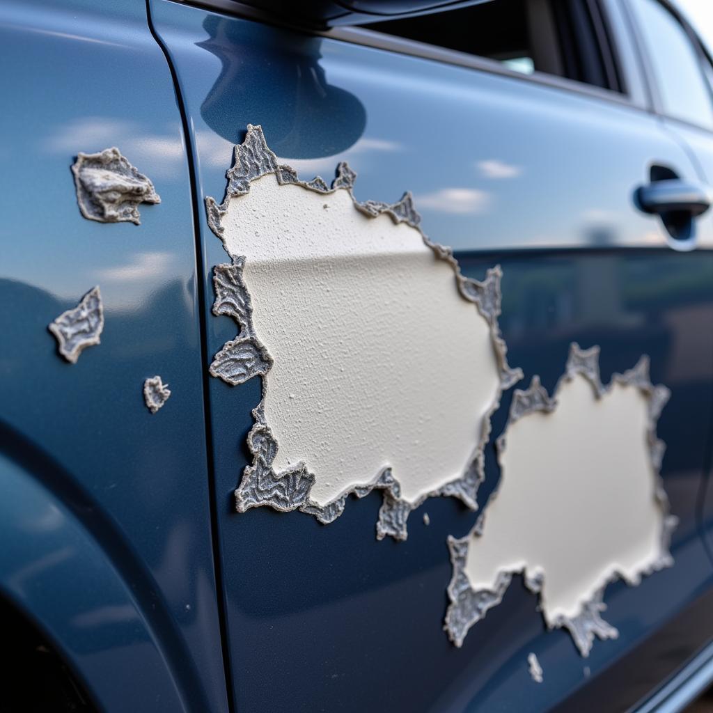 Close-up of peeling paint on a car door