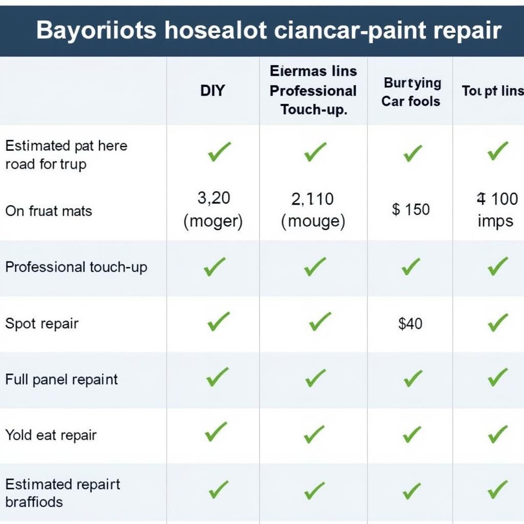 Car Paint Repair Cost Comparison Chart