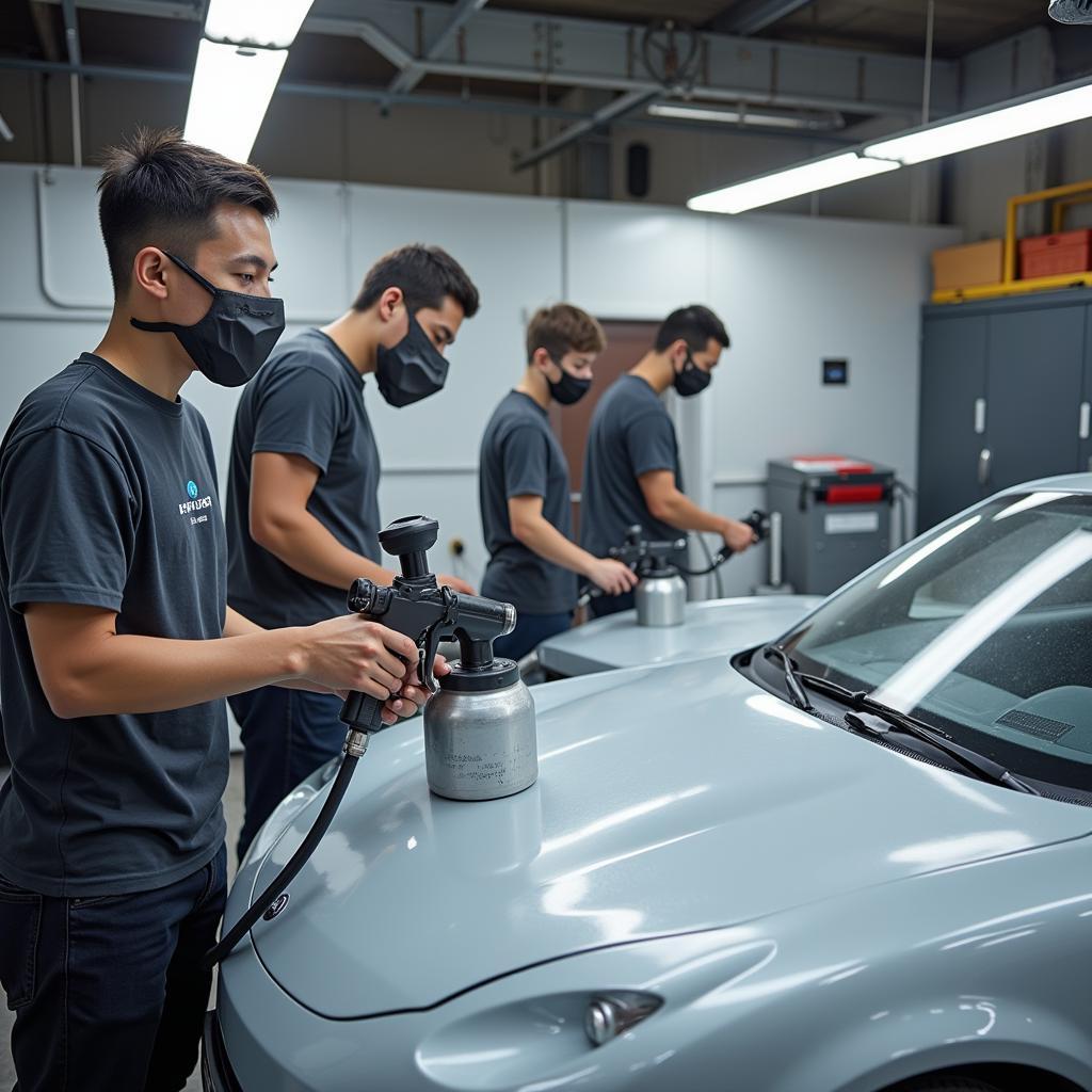 Students practicing car paint repair techniques in a professional workshop