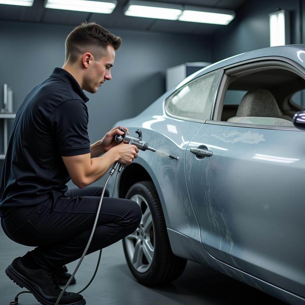 Car Paint Repair in Progress at a Body Shop