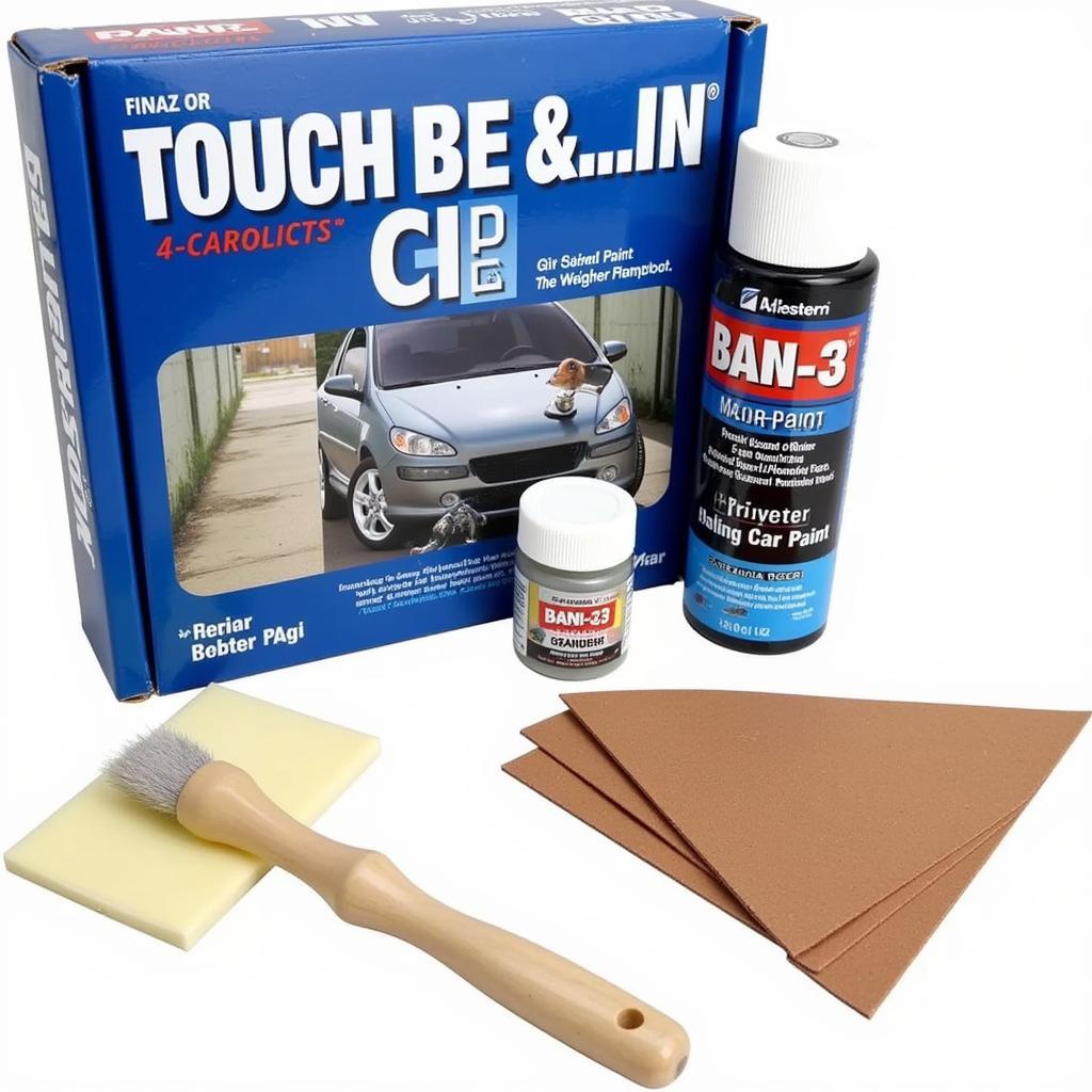 Car paint repair kit with tools and materials.