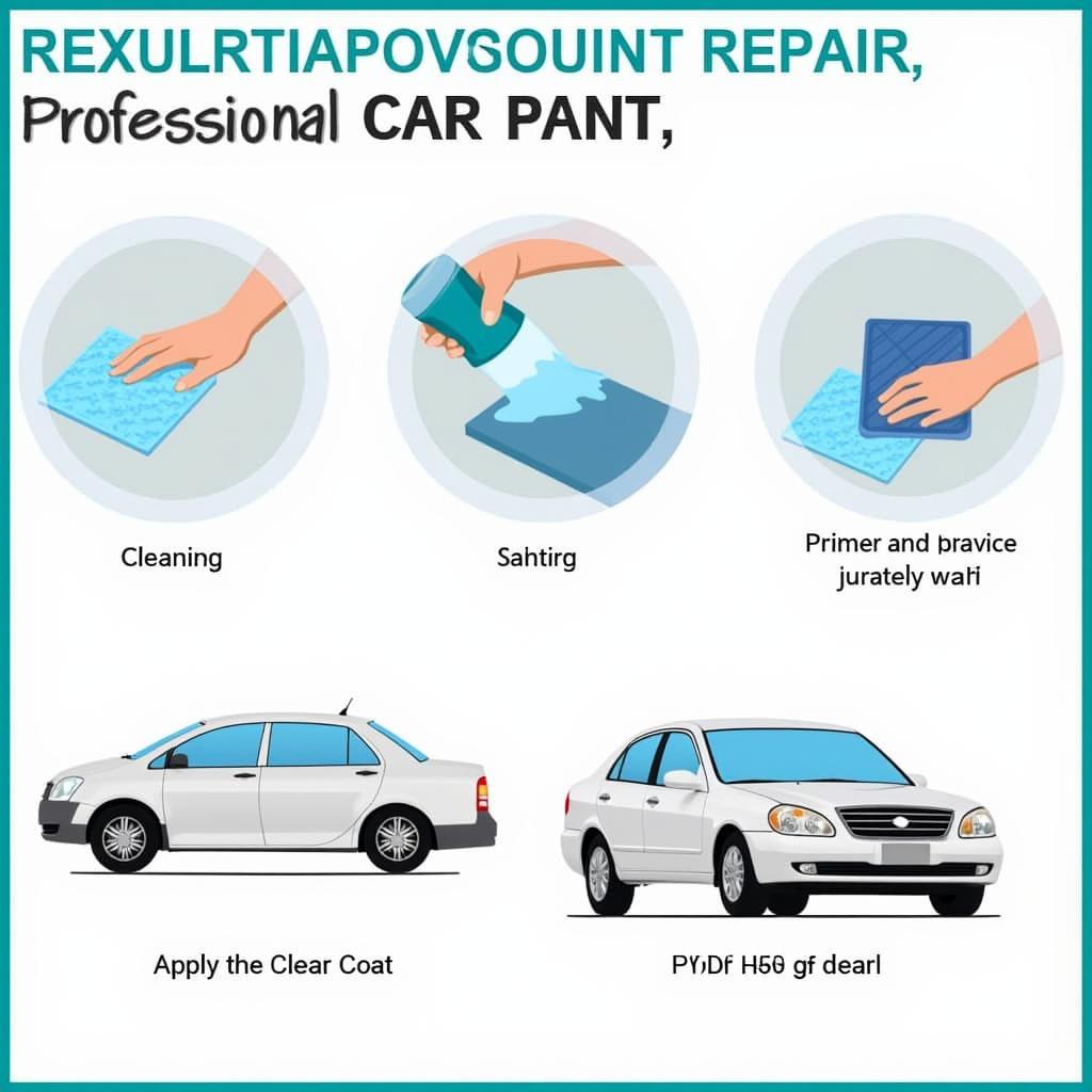 Car paint repair process steps: cleaning, sanding, priming, painting, clear coat