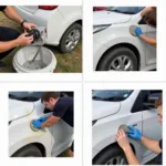 Car paint repair process in Auckland showing sanding, priming, and painting stages.