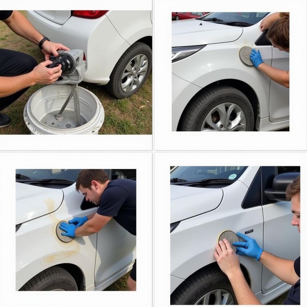 Car paint repair process in Auckland showing sanding, priming, and painting stages.