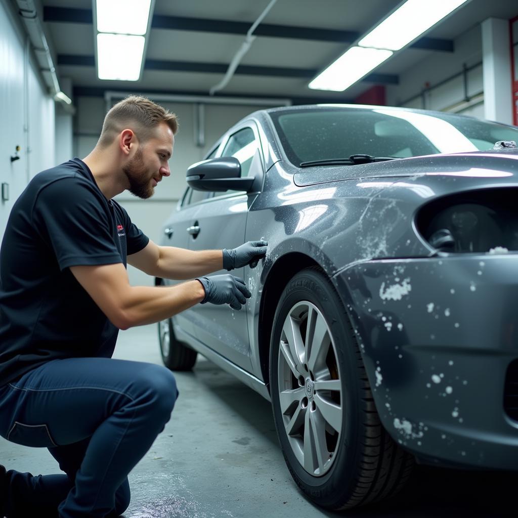 Professional car paint repair process in a workshop.