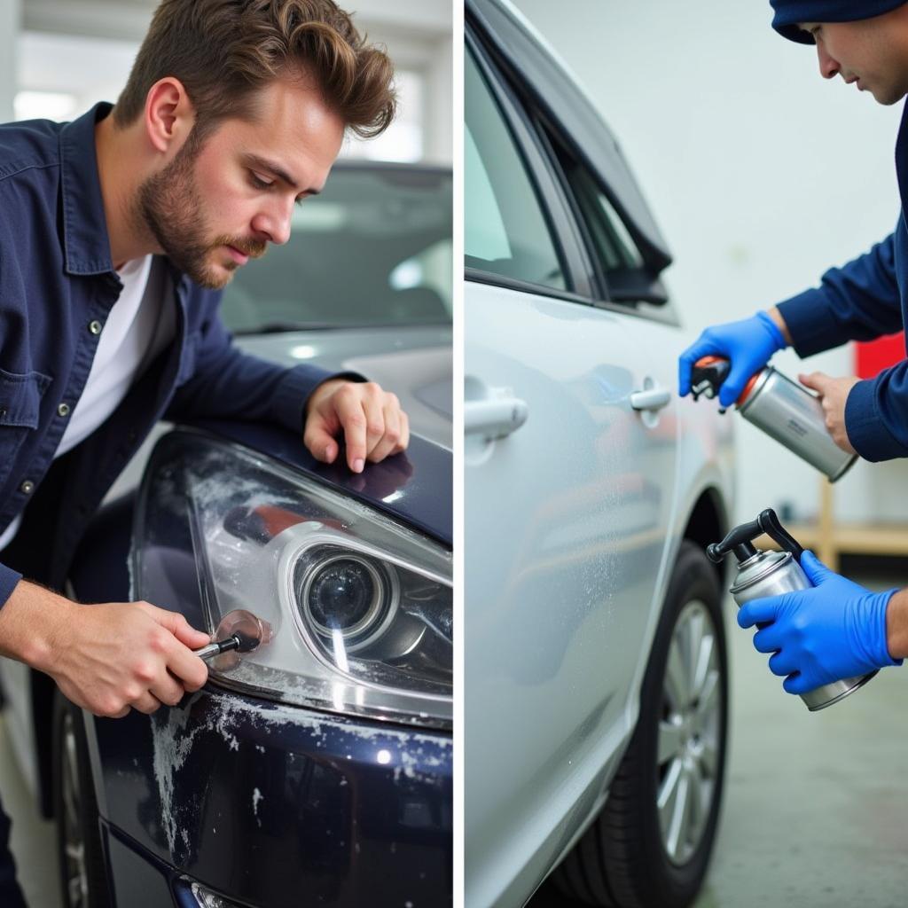 Different car paint repair techniques being demonstrated