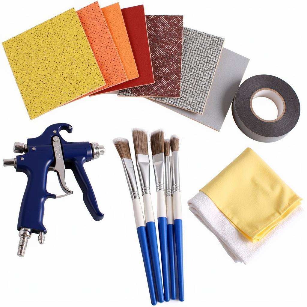 Essential Car Paint Repair Tools: Sandpaper, Masking Tape, Paintbrushes, Spray Gun, and Cleaning Cloths