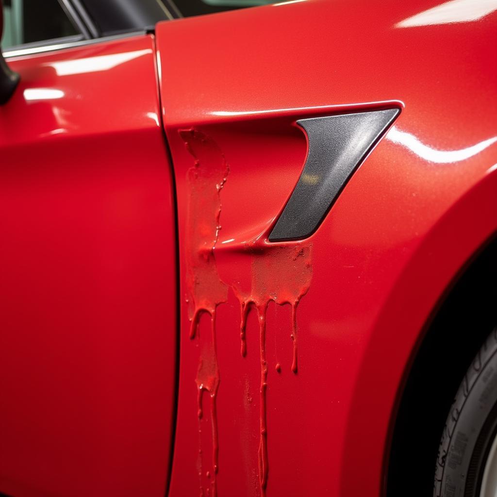 Close-up view of a car paint run showing the dripped and uneven paint surface.